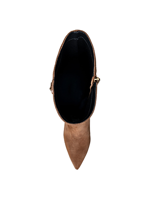 Top view of the Octavie Knee-High Boot in tan suede, featuring a pointed toe, black interior, and side buckle detail, set against a white background.