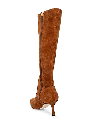 The Marya Knee-High Boot is a single brown suede boot with a side zipper, slender high heel, and comfortable memory foam insole, shown on a white background.