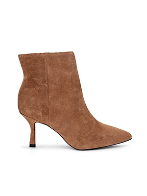 The Sylvie Suede Bootie by L'AGENCE is a tan suede bootie with a pointed toe and slim mid-height heel, displayed from the side against a white background.
