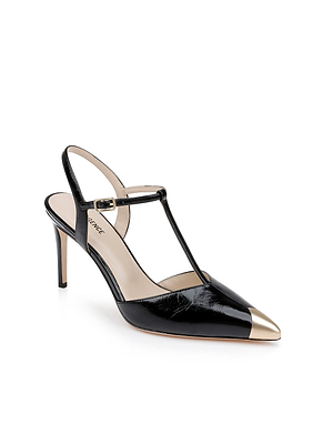 The Kaveh Slingback Pump is a black patent leather stiletto with a pointed toe, metallic gold cap, T-strap design, and an ankle strap with buckle.