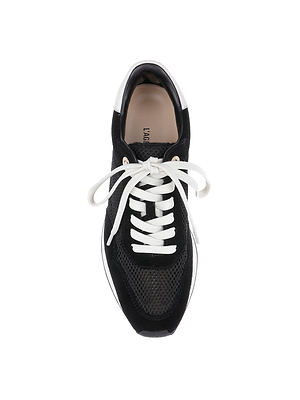 Top view of the Deepa Platform Sneaker: black suede with white laces, mesh-textured upper, and white sole. Features a sleek edge and comfortable memory foam insole for lasting all-day support.