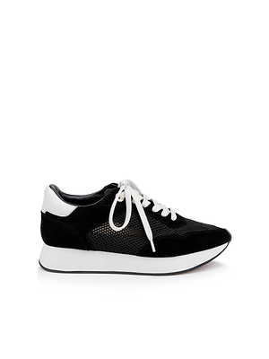 The Deepa Platform Sneaker is a black and white athletic shoe with white laces, a white sole, black mesh panels, suede accents, and a memory foam insole for all-day comfort, shown on a clean white background.