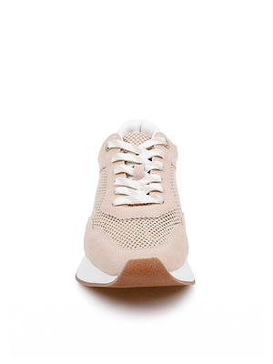 The Deepa Platform Sneaker is shown from the front against a white background, featuring a beige mesh and suede upper, white laces and sole, and comfort with its memory foam insole.