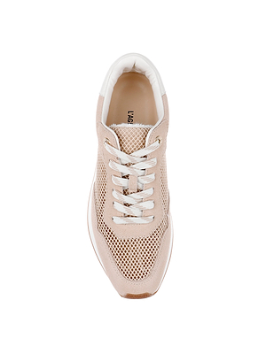 Top view of the Deepa Platform Sneaker in beige with white mesh panels, white laces, a cushioned collar, and a memory foam insole, all shown on a white background.