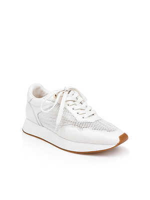 The Deepa Platform Sneaker features white leather, mesh accents, white laces, and a light brown rubber sole, shown on a white background.