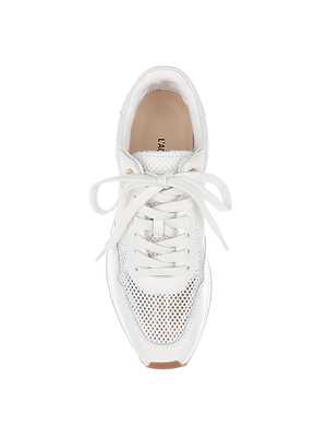 A top view of the Deepa Platform Sneaker in white leather with mesh accents, white laces tied in a bow, and a beige inner lining, displayed on a white background.