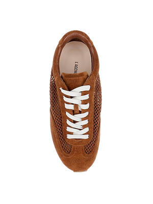 Top view of the Jarah Sneaker in brown suede with white laces, side mesh panels, and a tan interior, centered on a plain white background.