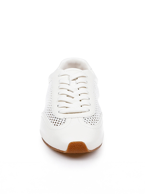 Front view of the Jarah Sneaker, featuring retro white design with mesh side panels, white laces, and a tan rubber sole, set against a plain white background.