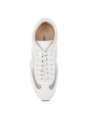 Top view of the Jarah Sneaker, a retro white shoe with white laces, mesh side panels, a rounded toe, and smooth finish. The L’AGEL logo appears on the insole near the heel.
