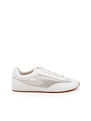The Jarah Sneaker is a retro white shoe with mesh side panels, white laces, and a light brown rubber sole. This low-profile style is displayed against a plain white background.
