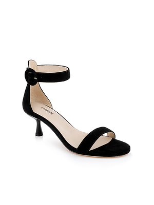 The Andelle Kitten-Heel Sandal is a black suede, low kitten heel shoe with an open toe, single front strap, and ankle strap with a buckle, shown on a white background.