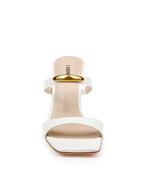 Front view of the Catriona Leather Sandal: a white leather open-toe mule with two straps, gold oval detail on the upper strap, beige insole, chic square toe, and a sculpted heel.