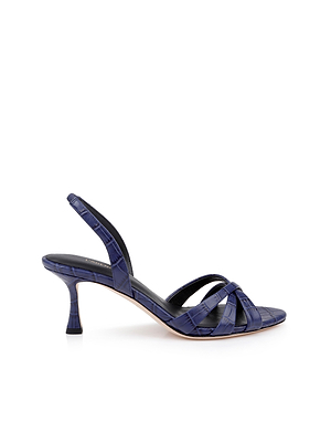 The Colwill Slingback Sandal is shown in a side view against a white background, featuring a single navy blue design with low heel, open toe, and crisscross straps.