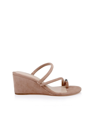 The Maritza Wedge Sandal features a taupe suede upper, walkable wedge heel, two slim straps across the foot, a single metallic accent on the toe strap, and is shown in profile against a white background.