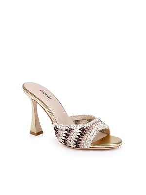 The Moyes Crochet Sandal features a woven cream, beige, and brown strap, sculpted gold heel and sole, and a beige memory foam insole labeled LAGENCE for added comfort.