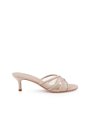 The Padua Mesh Sandal is a beige open-toe heeled sandal with thin crisscross straps, a low kitten heel, and a soft memory foam insole for comfort, shown on a white background.