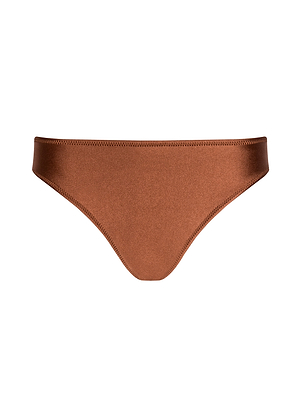The Nicole Bikini Bottom in bronze features a smooth, seamless design with moderate coverage and a classic low-rise cut. Made from shiny, stretchy fabric for a flattering fit, it's shown against a plain white background.