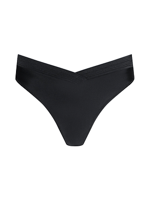 The Ashleigh Bikini Bottom is a black V-shaped women’s thong featuring a textured waistband and high-leg cut, shown on a white background.