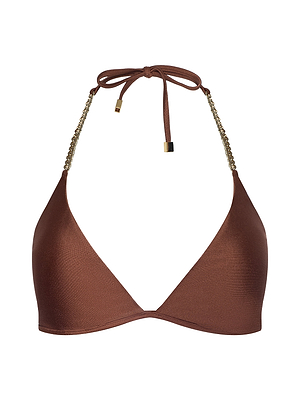 The Annabelle Triangle Bikini Top features a bronze hue, halter neck ties, thin gold chain straps, luxe hardware, and small gold accents at the ends of its adjustable fit ties.