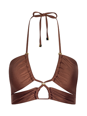 The Sirena Halter Bikini Top is a bronze shimmer swim top with ruched cups, gold-tone bead accents, a halter neck tie, and a cut-out below the bust, displayed on a white background.