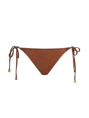 The Britt Tie-Side Bikini Bottom features adjustable tie sides with gold-tone metal tips and moderate coverage, displayed on a white background.