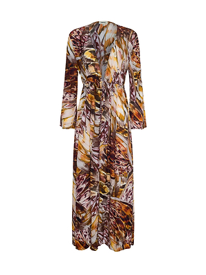 The Janus Cover-Up Robe is a long-sleeved, floor-length piece with a v-neck and multicolored abstract print in brown, yellow, orange, and white. It features a gathered waist and flowing silhouette—ideal as an elegant swimsuit cover-up.