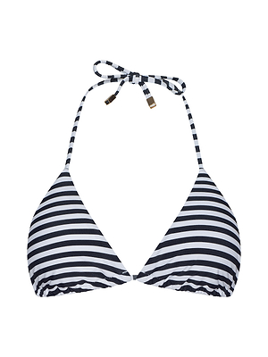 The Kristin Triangle Bikini Top by L’AGENCE features black-and-white stripes, adjustable triangle cups, and a halter neck tie, shown on a white background.