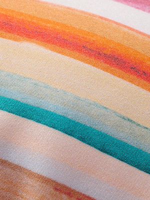 Close-up of the Annabelle Triangle Bikini Top features colorful, retro-inspired stripes in orange, red, teal, and peach for a soft, textured look.