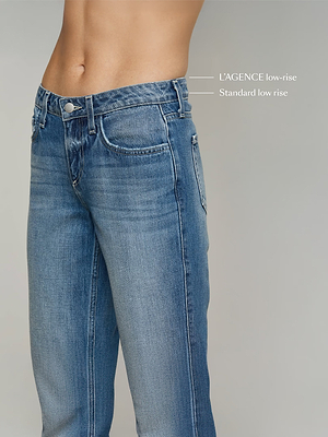 A person wearing the Nevia Slouchy Straight-Leg Jean displays the waistband area, with two white lines indicating the Nevia low-rise and Standard low-rise waistbands for comparison. The view shows their torso from midriff to thighs.