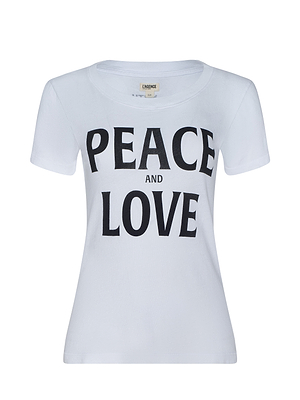 The Cory Graphic Tee is a pure white cotton short-sleeve top with a wide neckline, featuring “PEACE AND LOVE” in bold black letters on the front, shown against a plain white background.