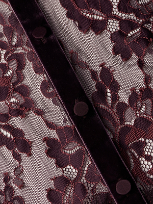 Close-up of the Poe Lace Maxi Dress in dark burgundy sheer lace with a floral pattern, featuring a vertical velvet trim and round fabric-covered buttons down the center for a vintage-inspired look.