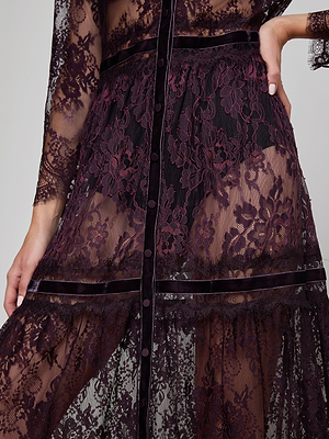 A close-up of a woman's hand on her waist, wearing the Poe Lace Maxi Dress—a sheer dark purple dress with floral lace patterns, vintage-style buttons down the front, and delicate velvet trim.