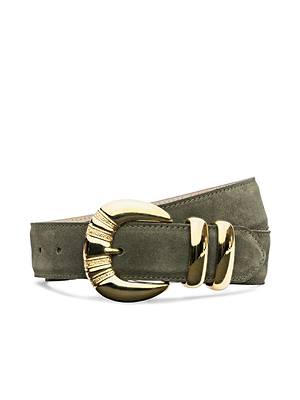 The Yarros Belt features green suede with a large, ornate gold buckle and two matching gold loops, evoking historical romance—perfect for Fall 2026 looks inspired by New York Fashion Week. Shown on a white background.