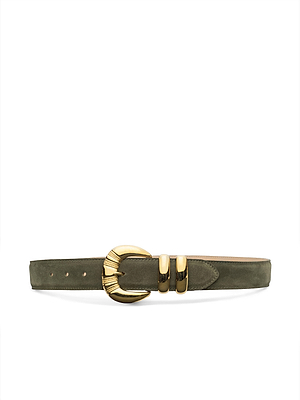 The Yarros Belt features olive green suede with a large, rounded gold buckle and two matching gold loops—an elegant accessory inspired by Fall 2026 New York Fashion Week trends, presented against a plain white background.