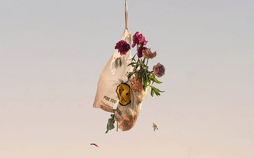 smiley face bag with flowers inside 