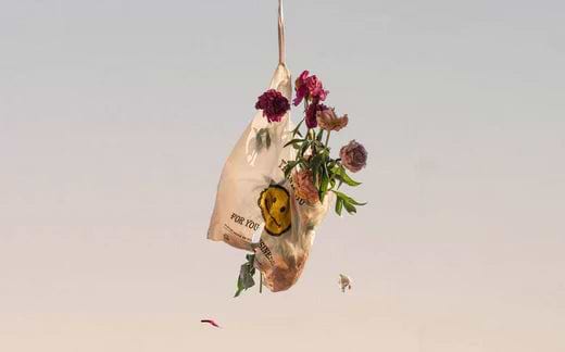 smiley face bag with flowers inside 