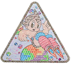 Triangular artwork with a cartoon character and rocket design on a white background