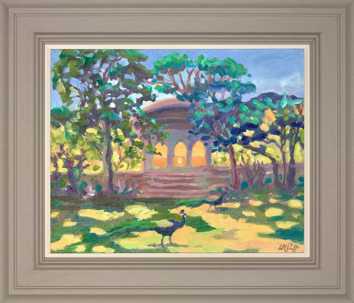 Peacocks And Temple At Dusk