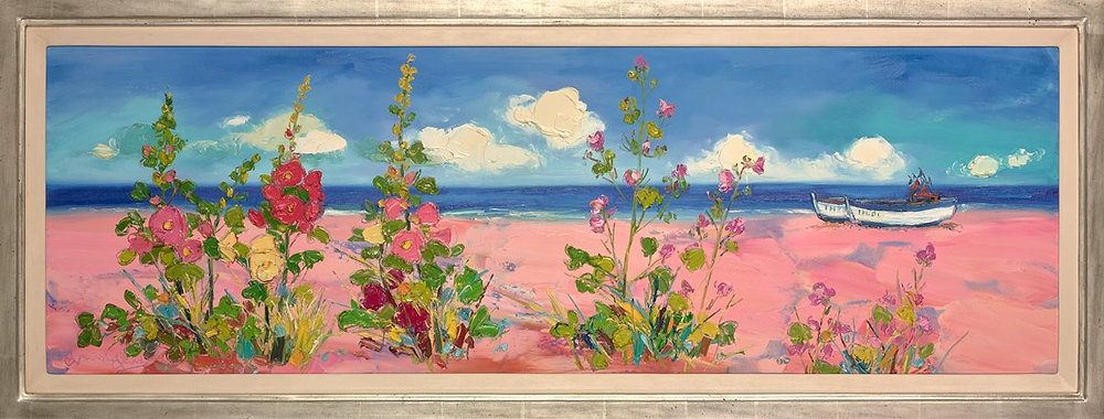 Beached Boats And Hollyhocks