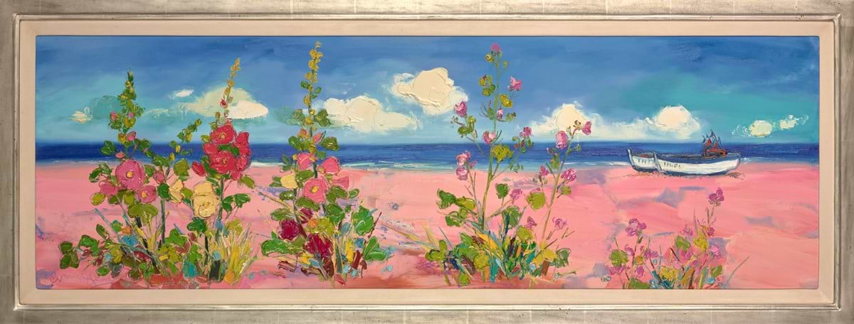 Beached Boats And Hollyhocks
