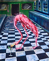 Flamingo drinking from a cocktail glass