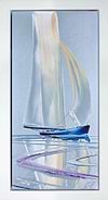 Sailboat with a colorful sail against a light blue background