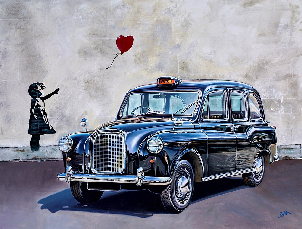 London Taxi With Banksy Background