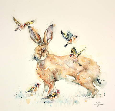 Meadow Hare With Goldfinches