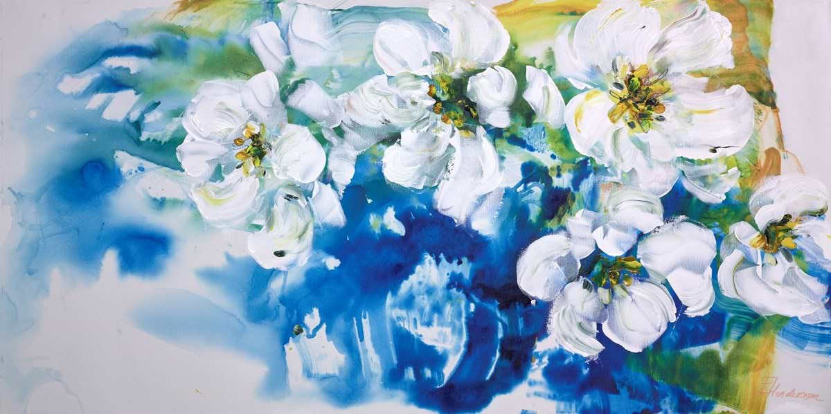 Floral art, flower painting, blue 2024 and white art, blue and green art, colorful floral art