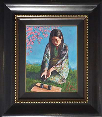 Geisha With Pink Flowers (Framed)