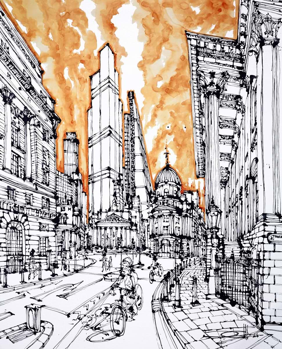 City Pen And Ink Portrait The City At Queen Victoria Street Ingo Clarendon Fine Art