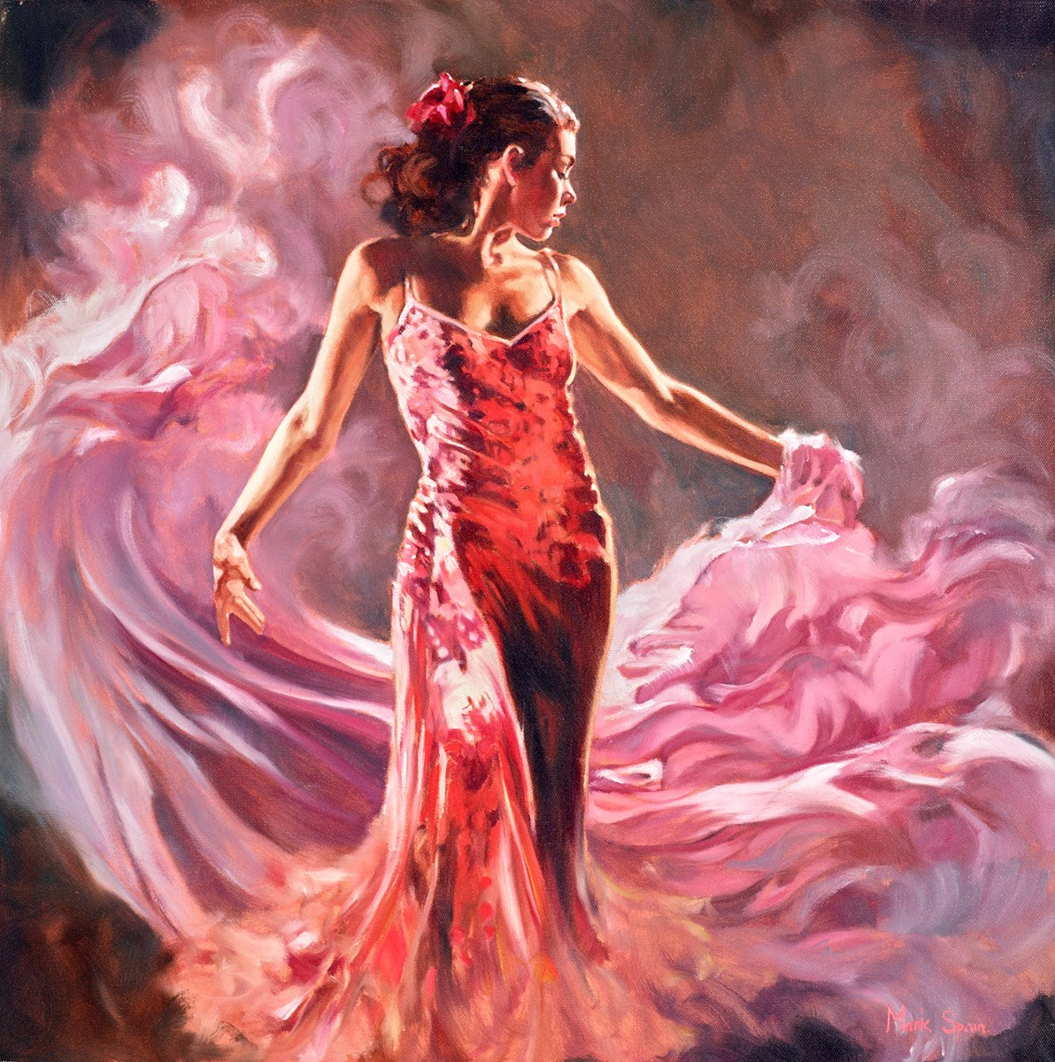 Held Pink Shawl Red Dress