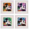 Four Mr Brainwash street art paintings of portraits of Mickey House, they have colours of orange, purple, green and blue.