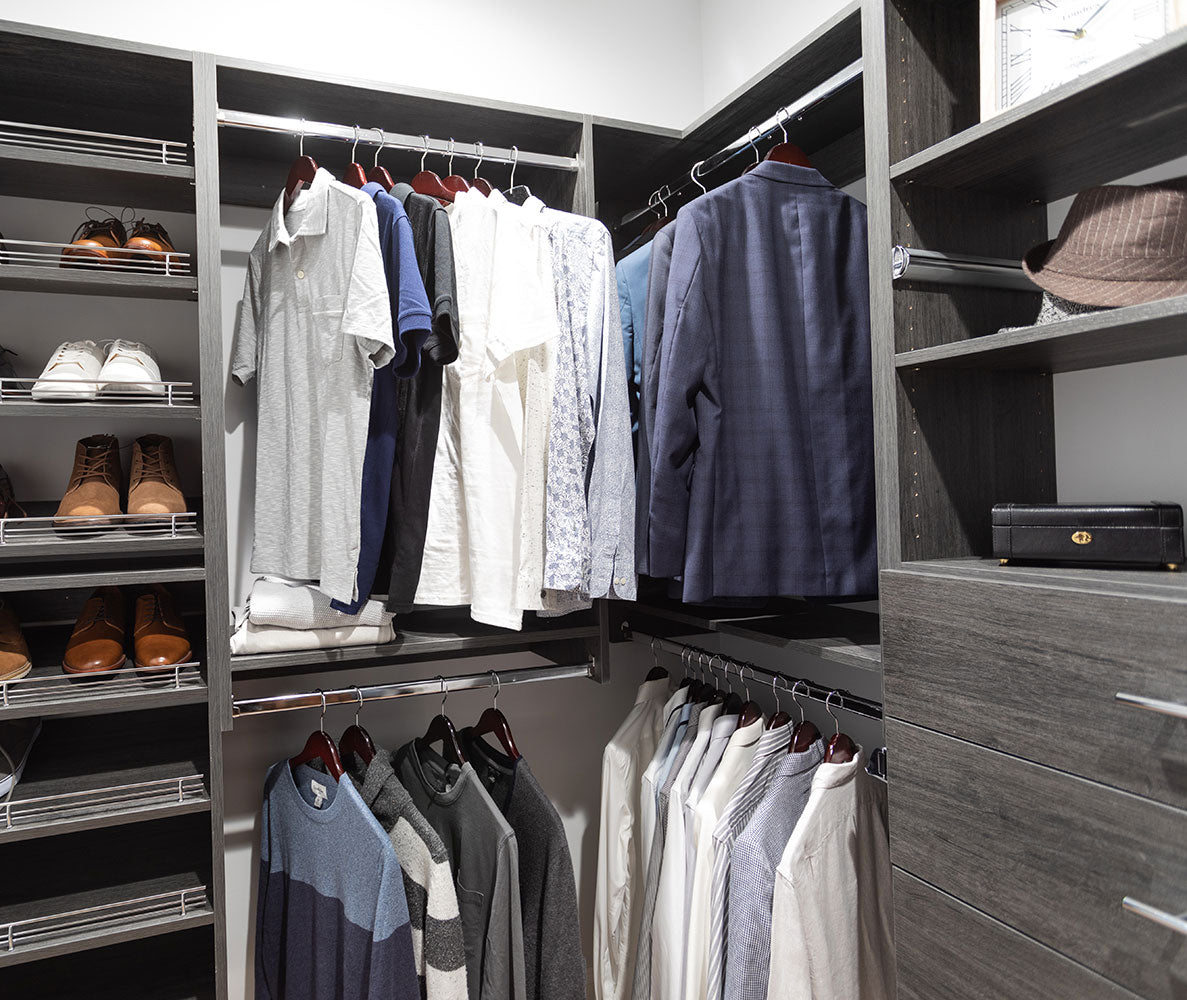 Men's closet system with drawers, shelves, and hanging space 